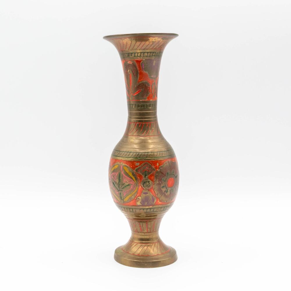 Vintage BRASS Flower Vase Enamel Floral Geometric Design